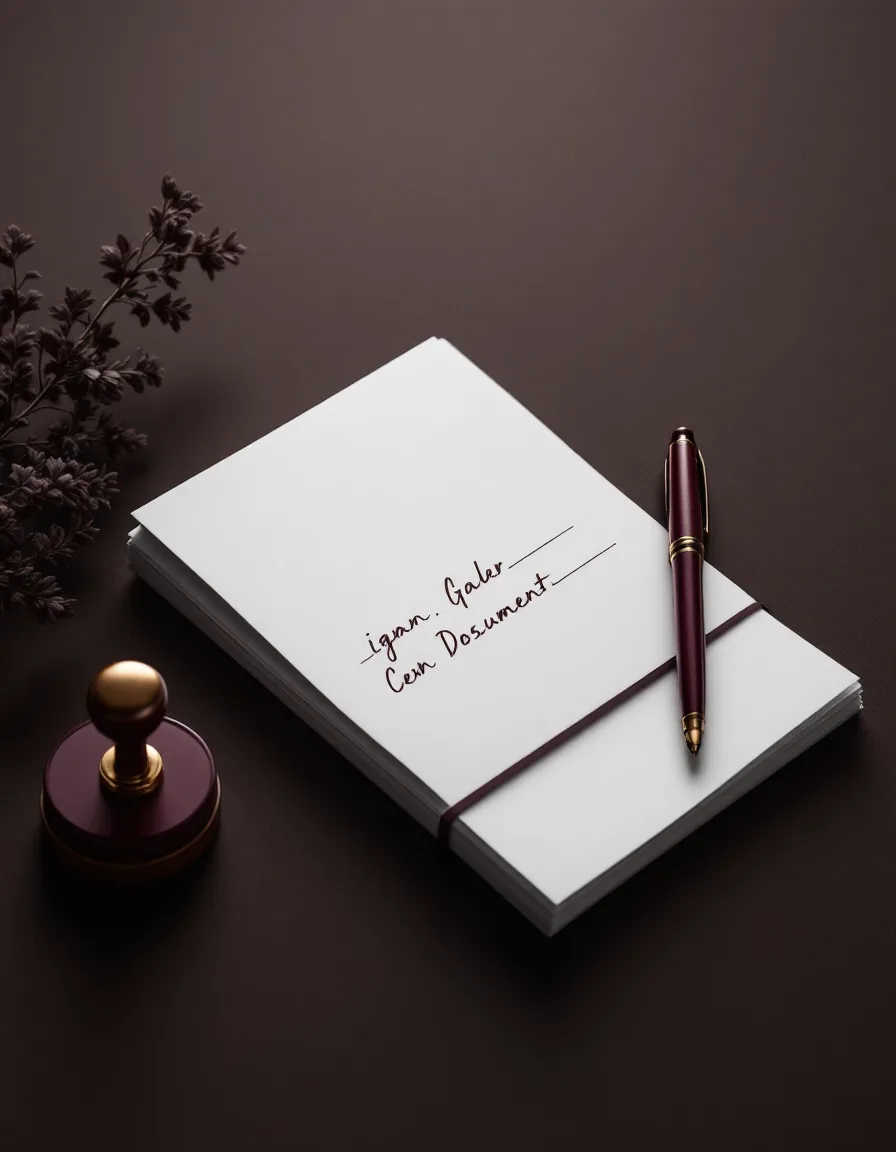 Signed documents, a brass desk stamp and a fountain pen on a dark backdrop