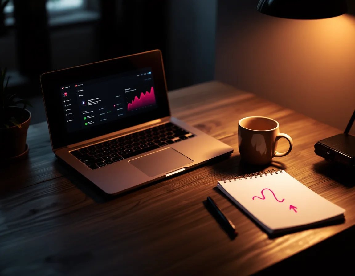 A desk with a laptop and a notebook marked with a hand-drawn arrow