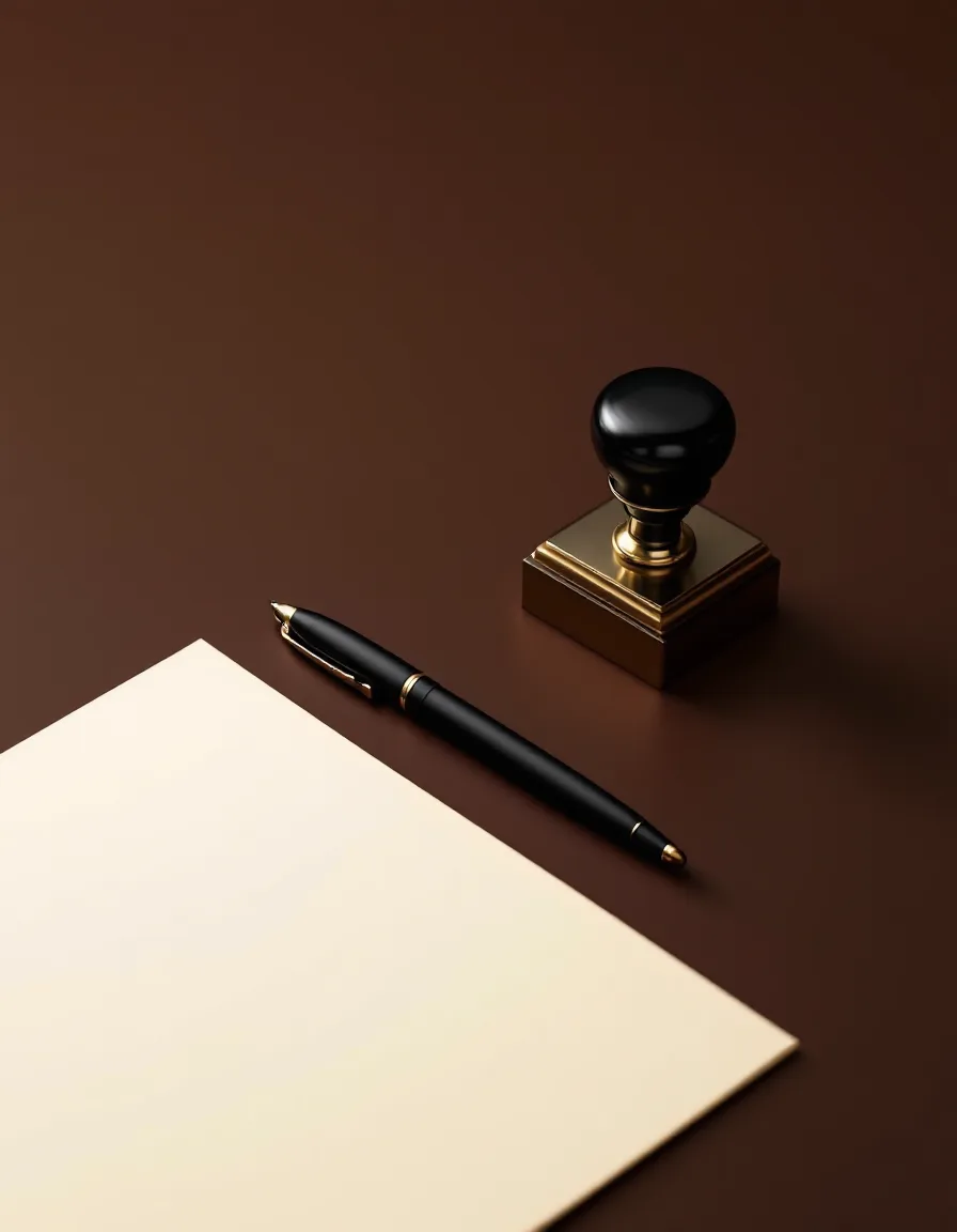 A brass desk stamp, a signed document and a fountain pen on a dark seamless backdrop