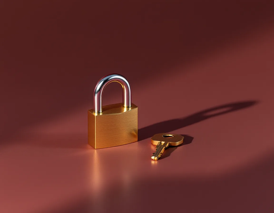 A brass padlock and key on a dark backdrop