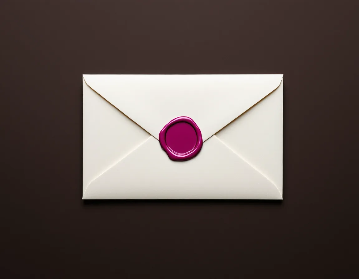 A cream envelope sealed with a magenta wax seal